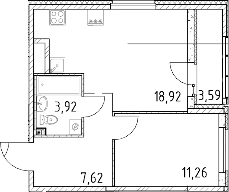 1-комнатная квартира 41.72 м², 21/23 эт., ЖК «Город Первых»
